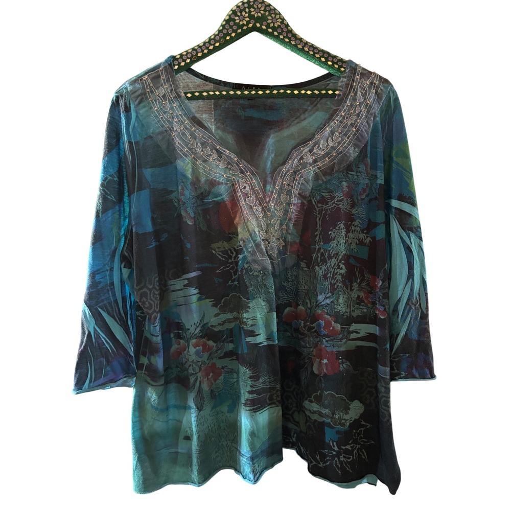 BLEU Woman Teal Abstract Landscape Beaded V-Neck Top 3/4 Sleeve Plus Size 1X